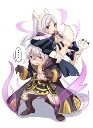  ... 1boy anger_vein animal_ears animal_hands aura belt dark_aura eyes_of_grima female fire_emblem fire_emblem_awakening fire_emblem_heroes fur_trim gloves grima_(fire_emblem) halloween_costume highres long_sleeves paw_gloves paw_shoes puni_y_y red_eyes robin_(female)_(fire_emblem) robin_(female)_(halloween)_(fire_emblem) robin_(fire_emblem) robin_(male)_(fire_emblem) short_hair simple_background spoken_ellipsis tail thigh_strap twintails white_background white_hair wizard wolf_ears wolf_tail 