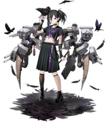  artillery asymmetrical_legwear azur_lane bird black_choker black_feathers black_footwear black_hair black_shirt black_skirt black_socks boots breasts choker crop_top cropped_shirt crow feathers female fishnet_socks fishnets full_body haguro_(azur_lane) highres holding holding_mask mask midriff mismatched_legwear navel official_art ootsuki_momiji platform_boots platform_footwear pleated_skirt red_eyes rigging school_uniform shirt short_sleeves short_sword skirt small_breasts socks standing sword tantou tengu_mask transparent_background turret weapon 