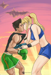  1boy 1girls age_difference assertive_female athletic athletic_female black_hair blonde_hair blush casual_outfit_(metroid) clothes couple dominant_female female gun hair_tie hetero kissing little_mac making_out metroid midriff muscular_male nintendo ponytail punch_out samus_aran ship shorts sports_bra super_smash_bros. taller_female zero_suit zero_suit_samus 