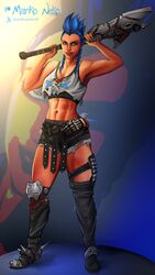  1girls abs axe blue_hair clothed female female_only fully_clothed junker_queen marikoneko marikoneko0 muscular muscular_female overwatch overwatch_2 solo standing 