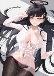  absurdres black_hair black_panties black_pantyhose blue_archive blunt_bangs blush breasts female groin hair_ornament hairclip halo highres katagirinanoka large_breasts long_hair looking_at_viewer navel panties pantyhose parted_lips red_eyes rio_(blue_archive) see-through_clothes solo sweat underwear very_long_hair 