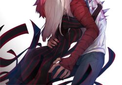  1boy bandaged_arm bandages blonde_hair blood blood_on_clothes blood_on_hands breasts commentary_request dark_sakura denim denim_shorts dress emiya_shirou fate/stay_night fate_(series) female highres hug impaled kamo_0707 large_breasts matou_sakura red_hair shorts striped_clothes striped_dress 