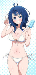  absurdres ahoge bare_arms bikini blue_eyes blue_hair blush breasts cleavage collarbone commentary_request eggman_(pixiv28975023) female food grin highres holding holding_food holding_popsicle make_heroine_ga_oo_sugiru! medium_breasts medium_hair navel popsicle side-tie_bikini_bottom sidelocks simple_background smile standing swimsuit teeth thigh_gap underboob v white_background white_bikini yanami_anna 