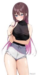  artist_name averting_eyes bare_shoulders black_shirt blue_hair blush bracelet breasts brown_hair closed_mouth contrapposto cowboy_shot female gradient_hair high-waist_shorts highres holding_own_arm jewelry kaetzchen large_breasts long_hair multicolored_hair original pink_hair playing_with_own_hair shirt shirt_tucked_in short_shorts shorts simple_background sleeveless sleeveless_shirt solo standing turtleneck turtleneck_shirt white_background white_shorts 