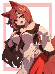  animal_ears blush breasts brown_hair commentary_request cowboy_shot dress female fingernails highres imaizumi_kagerou impossible_clothes impossible_dress long_hair long_sleeves looking_at_viewer medium_breasts off-shoulder_dress off_shoulder open_mouth parted_bangs pink_background red_brooch red_eyes red_nails red_skirt ryouryou sharp_fingernails simple_background skirt smile solo tail teeth touhou two-tone_background upper_teeth_only white_background white_dress wolf_ears wolf_girl wolf_tail 