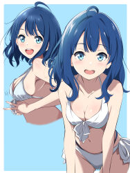  absurdres ahoge bikini blue_eyes blue_hair blush borgbutler breasts commentary_request female halterneck highres long_hair make_heroine_ga_oo_sugiru! medium_breasts navel open_mouth side-tie_bikini_bottom simple_background smile solo stomach string_bikini swimsuit v white_bikini yanami_anna 