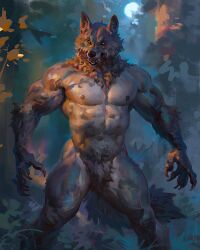  4:5 5_fingers abs anthro areola biceps canid canine claws dark_body dark_fur finger_claws fingers forest forest_background fur hi_res light male mammal moon moonlight muscular muscular_anthro muscular_arms mythological_canine mythological_creature mythology nature nature_background nipples nude open_mouth pecs plant pubes quads signature solo standing tail taran_fiddler teeth tree tuft vein veiny_arms veiny_muscles were werecanid werecanine werewolf whiskers yellow_eyes 