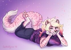  2018 anthro blonde_hair blue_eyes bottomwear brown_nose clothed clothing felid female fluffy fluffy_tail fur gradient_background grey_bottomwear grey_clothing grey_pants hair looking_at_viewer lying mammal markings marzipan_(spottedtigress) multicolored_hair on_front pantherine pants pawpads pink_body pink_fur pink_hair pink_pawpads purple_clothing purple_topwear signature simple_background smile solo spots spotted_arms spotted_markings spotted_tail striped_arms striped_legs striped_markings striped_tail stripes tail tail_markings tiger tiggybloom topwear two_tone_hair white_body white_fur 