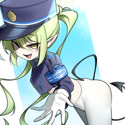  absurdres armband black_jacket black_tail blue_archive blue_armband commentary demon_tail female gloves green_hair halo hat highres huinyeoul jacket long_hair nozomi_(blue_archive) pantyhose peaked_cap pointy_ears solo tail white_gloves white_pantyhose yellow_eyes 