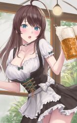  :o absurdres ahoge apron beer_mug black_choker black_dress blue_eyes blush breasts brown_hair ceiling_light choker cleavage collarbone collared_shirt commentary_request commission cup dress enporion female highres holding holding_cup large_breasts mug open_mouth original puffy_short_sleeves puffy_sleeves shirt short_sleeves skeb_commission solo standing teeth thighs tongue upper_teeth_only white_apron white_shirt 