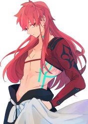  1boy alternate_hair_length alternate_hairstyle commentary_request emiya_shirou fate/grand_order fate_(series) highres kamo_0707 long_hair male_focus neck_tattoo orange_eyes profile red_hair scar scar_on_chest senji_muramasa_(fate) single_bare_shoulder solo tattoo topless_male upper_body 