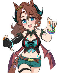  :d animal_ears bare_shoulders belt belt_buckle black_gloves blue_eyes blue_nails blue_shorts blush breasts brown_belt brown_hair brown_wings buckle chokin_tsucho cleavage demon_horns demon_wings elbow_gloves female fingerless_gloves gloves hair_between_eyes head_tilt horns horse_ears horse_girl horse_tail looking_at_viewer low_wings medium_breasts mejiro_palmer_(devil_in_the_moonlight)_(umamusume) mejiro_palmer_(umamusume) multicolored_hair multicolored_nails nail_polish navel orange_nails parted_bangs ponytail short_shorts shorts simple_background single_glove smile solo streaked_hair tail thick_eyebrows umamusume white_background white_hair wings 