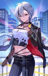  absurdres alternate_costume arlecchino_(genshin_impact) black_choker black_eyes black_hair black_hands black_jacket black_pants bracelet breasts choker city closed_mouth colored_extremities commentary cowboy_shot crop_top earrings female finger_heart floating_hair genshin_impact hair_between_eyes highres jacket jewelry light_particles light_smile long_hair looking_at_viewer medium_breasts midriff multicolored_hair navel necklace outdoors pants pi_tayuko red_pupils shirt sleeveless sleeveless_shirt solo stomach streaked_hair symbol-shaped_pupils white_hair x-shaped_pupils 