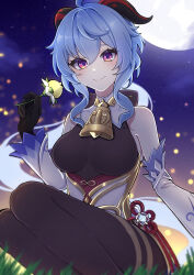  absurdres ahoge bare_shoulders bell black_gloves black_pantyhose blue_hair blush bodystocking breasts cowbell detached_sleeves female flower flower_knot ganyu_(genshin_impact) genshin_impact gloves goat_horns gold_trim hair_between_eyes highres holding holding_flower horns karaage_(karaage_x_x) leotard leotard_under_clothes long_hair looking_at_viewer medium_breasts moon neck_bell night night_sky pantyhose purple_eyes sidelocks sky smile solo white_sleeves 