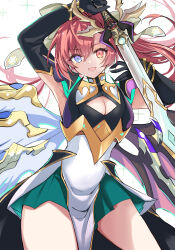  armpits asymmetrical_wings atoshi blue_eyes bow breasts cleavage_cutout clothing_cutout demon_wings feathered_wings female hair_intakes hair_ornament hairbow heterochromia holding holding_sword holding_weapon long_hair looking_at_viewer medium_breasts mismatched_wings monster_strike multiple_wings open_mouth pink_hair ponytail red_eyes side_ponytail smile solo solomon_(monster_strike) sword weapon wings 