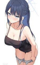  artist_name bare_shoulders black_one-piece_swimsuit black_tank_top blue_archive blue_eyes blue_hair blue_halo blush breasts cleavage closed_mouth commentary denim denim_shorts female grey_shorts groin hair_between_eyes halo highres kaetzchen large_breasts leaning_forward long_hair looking_at_viewer no_bra one-piece_swimsuit ponytail pulling_own_clothes saori_(blue_archive) saori_(swimsuit)_(blue_archive) shorts simple_background spaghetti_strap strap_gap sweatdrop swimsuit tank_top thighs undressing white_background 