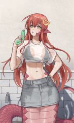  absurdres bikini black_bikini blowing contrapposto day denim denim_skirt female grey_skirt hair_ornament halfbakelim hand_on_own_hip highres holding holding_water_gun lamia long_hair looking_at_viewer miia_(monster_musume) monster_girl monster_musume_no_iru_nichijou navel non-web_source open_mouth outdoors pointy_ears red_hair red_scales scales see-through_clothes shirt skirt slit_pupils solo standing stomach sweat swimsuit tied_shirt variant_set very_long_hair water_drop water_gun wet wet_clothes white_shirt 