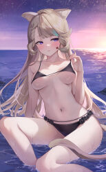  absurdres alternate_costume animal_ear_fluff animal_ears averting_eyes bikini black_bikini blonde_hair blush braid breasts cat_ears cat_girl closed_mouth commentary_request dress facial_mark female genshin_impact gradient_hair green_hair grey_hair highres large_breasts long_hair lynette_(genshin_impact) multicolored_hair navel ocean outdoors pi_tayuko pulling_own_clothes purple_eyes sideboob sitting sky solo star_(symbol) star_facial_mark stomach strap_pull swimsuit underboob wet 