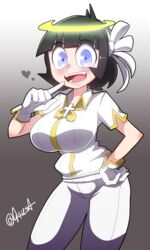  &lt;3 1girls 94usa 94usa_(artist) angel angel_girl angel_halo azazel_(helltaker) black_hair blue_eyes blush blushing breasts cute fangs gloves halo heart helltaker light-skinned_female light_skin solo solo_female solo_focus tagme tagme_(artist) white_clothing 