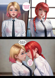  2girls alexander_dinh blonde_hair blue_eyes blush breasts chainsaw_man crossover ear_piercing eastern_and_western_character english_text eye_contact eyebrow_piercing face-to-face female gwen_stacy leaning_forward makima_(chainsaw_man) marvel marvel_comics multicolored_hair red_hair school school_uniform schoolgirl spider-man:_across_the_spider-verse spider-man:_into_the_spider-verse spider-man_(series) text_bubble tie yuri 