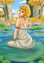  1girls alternate_version_available bracelets clothed_female crown earrings female kneeling necklace princess_zelda short_hair sitting_in_water sleeveless_dress tears_of_the_kingdom the_legend_of_zelda wet wet_body wet_clothes yrya-chan zelda_(tears_of_the_kingdom) 