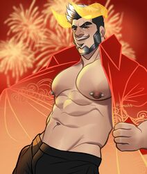  1boy 2022 abs areolae bara barazoku clothing darius_(league_of_legends) fireworks gay hi_res highres horns league_of_legends llamasart looking_at_viewer lunar_beast_darius lunar_beast_series lunar_new_year lunar_revel_series male male_focus male_nipples male_only manly muscles muscular muscular_male navel nipple_piercing nipples pecs pierced_nipples piercing riot_games scar scar_across_eye solo solo_male translucent_horn v-line 