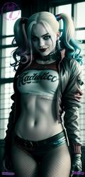  1girls actress ai_generated batman_(series) black_choker blonde_hair blue_eyes bra celebrity choker dc dc_comics dc_extended_universe dceu detailed female fishnets harley_quinn harley_quinn_(dceu) high_quality looking_at_viewer margot_robbie medium_breasts multicolored_hair nnseven photorealistic realistic shorts skinny slim solo suicide_squad toned toned_female twintails 