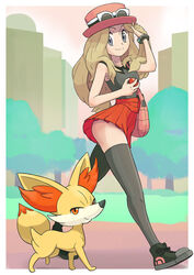  1boy 1girls animal ass blonde_female blonde_hair blonde_hair_female bracelet breasts butt_cheeks canine clothed clothing converse european european_female female female_focus fennekin fokko fox fox_ears fox_tail french french_female game_freak gameguran gray_hair hat kneesocks legs long_legs long_socks looking_at_viewer nintendo poke_ball pokeball pokemon pokemon_(creature) pokemon_(game) pokemon_(species) pokemon_xy red_eyes serena_(pokemon) serena_(pokemon_games) shirt shoes skirt skirt_lift skirt_up smile sneakers socks standing stockings suggestive suggestive_look sunglasses sunglasses_on_head tank_top thigh_highs thighhighs thighs very_long_hair very_long_legs wallpaper 