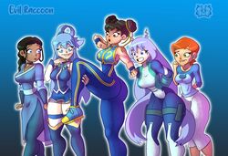  5girls aqua_(konosuba) ass avatar_the_last_airbender ben_10 big_ass big_breasts biting_lip blue_background blue_eyes blue_hair boku_no_hero_academia chun-li crossover dark-skinned_female dark_skin evil_raccoon female female_only green_eyes gwen_tennyson hadou_nejire hadou_nejire_(hero_outfit) huge_ass katara kono_subarashii_sekai_ni_shukufuku_wo! long_hair medium_breasts multiple_girls my_hero_academia nejire_hado nejire_hado_(hero_outfit) not_porn ponytail red_hair safe safe_for_work short_hair street_fighter street_fighter_alpha thick thick_ass thick_thighs tight_clothing trait_connection 