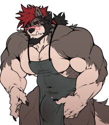  2023 abs anthro apron apron_only beard biceps black_hair bulge canid canine canis claws clothing deltoids eyebrow_scar eyewear facial_hair finger_claws flexor_carpi fur furry furry_only glasses grey_apron grey_body grey_fur hair hi_res highlights_(coloring) male mammal matcharyu multicolored_body multicolored_fur muscular_thighs navel_outline nipples pecs ponytail red_eyes red_highlights scar short_ponytail simple_background solo tan_body tan_fur triceps two_tone_body two_tone_fur white_background wolf 