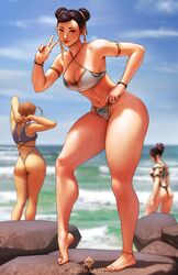  3girls anklet asian asian_female ass azuma_yasuo azumaarts bare_legs barefoot beach big_breasts bikini black_hair blonde_hair blurry blurry_background breasts british british_female cammy_white chun-li cleavage double_bun female female_only hair_bun hair_horns highres jewelry juri_han korean korean_female leaning_forward multiple_girls ocean rock short_hair smile solo_focus standing street_fighter street_fighter_6 swimsuit thick_thighs tiptoes v wide_hips 