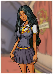  1girls dark-skinned_female dark_hair dark_skin female female_only fully_clothed gryffindor gryffindor_banner gryffindor_tie gryffindor_tower harry_potter hogwarts hogwarts_school_uniform hogwarts_student indian indian_female innocent_witches looking_at_viewer parvati_patil sad_crab scerg school_uniform schoolgirl schoolgirl_uniform siserg solo witch 