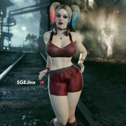  1girls 3d big_breasts bleached_hair bleached_skin blender blender_cycles blonde_hair bracelet choker clothed dc dc_comics dyed_hair evening female female_only harley_quinn harley_quinn_(injustice) headphones injustice_2 jewelry looking_away looking_away_from_viewer necklace pale-skinned_female pale_skin red_clothing red_lipstick rings running sgejinx_(artist) shorts solo sports_bra sports_shorts sportswear train_tracks warm_colors watch 