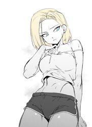  1girls android_18 athletic_female bare_shoulders black_shorts blonde_hair blue_eyes dragon_ball dragon_ball_super dragon_ball_z fit_female looking_at_another medium_breasts navel sport_shorts sweat white_t-shirt zquung 