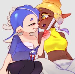  2girls asian asian_female benzbt blue_hair blush cute dark-skinned_female fan fangs frye_(splatoon) frye_onaga indian_female inkling inkling_girl light-skinned_female looking_at_another midriff octoling octoling_girl red_eyes sfw shiver_(splatoon) shiver_hohojiro simple_background smile splatoon splatoon_(series) splatoon_3 tentacle_hair wholesome yellow_eyes yellow_hair yuri 