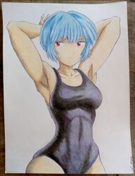  1girls armpits arms_behind_head breasts gym_uniform light_blue_hair medium_breasts neon_genesis_evangelion no_nude red_eyes rei_ayanami safe safe_for_work sexy_armpits short_hair swimsuit traditional_art traditional_drawing_(artwork) traditional_media traditional_media_(artwork) yamidanight 