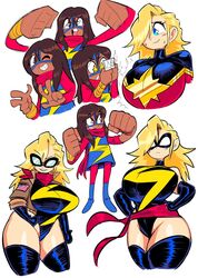  2girls age_difference big_breasts big_hands captain_marvel carol_danvers curvaceous curvy curvy_female dark-skinned_female female female_only hands_on_hips huge_breasts jacket large_breasts leotard light-skinned_female marvel marvel_comics mask ms._marvel ms._marvel_(carol_danvers) ms._marvel_(kamala_khan) stretchy_arms superheroine theguywhodrawsalot thick_thighs thigh_high_boots thighhighs voluptuous_female wide_hips 