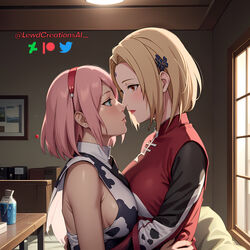  2girls ai_generated blonde_hair boruto:_naruto_next_generations brown_eyes couple cow_print embrace embracing embracing_another female female_only forehead_jewel forehead_mark green_eyes haruno_sakura lewdcreationsai looking_at_another multiple_girls naruto naruto_(series) naruto_shippuden pink_hair sakura_haruno sideboob tsunade yuri 