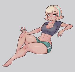  1girls barefoot big_breasts blonde_female blonde_hair blush curvy_figure disney_channel disney_xd female gray_background green_eyes hand_on_knee jackie_lynn_thomas no_bra only_female rmugz short_hair solo star_vs_the_forces_of_evil t-shirt thick_thighs 