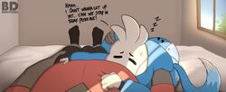  bed bootydox butt_flap dark-skinned_male dox_(bootydox) femboy humanoid lying_on_bed lying_on_side not_furry onesie pajamas text wholesome 