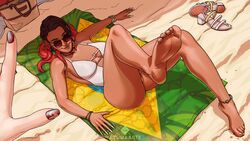  1girls apex_legends ass azuma_yasuo azumaarts big_ass braided_hair braided_twintails brazilian dark-skinned_female dark_skin loba loba_(apex_legends) loba_andrade looking_at_viewer medium_breasts realistic respawn_entertainment swimsuit tanline tanlines tattoo thick_thighs thong 