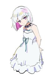  arms_behind_back blue_ribbon blunt_ends bob_cut bright_pupils closed_mouth collar colored_inner_hair cropped_legs dohna_dohna_issho_ni_warui_koto_o_shiyou dress expressionless female frilled_dress frills grey_hair hair_ornament head_tilt heart heart_hair_ornament highres looking_at_viewer multicolored_hair nnn-ollll pink_eyes pink_hair porno_(dohna_dohna) ribbon short_hair simple_background sleeveless sleeveless_dress solo spaghetti_strap spiked_collar spikes waist_ribbon white_background white_dress white_pupils 