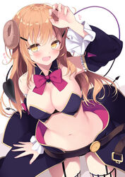  arm_up armpits bare_shoulders bow bowtie breasts cleavage cosplay cowboy_shot curled_horns demon_girl demon_horns demon_tail detached_collar detached_sleeves duplicate female frills garter_straps hair_ornament hairclip highres horns large_breasts long_hair long_sleeves looking_at_viewer machikado_mazoku midriff minato_shachiko navel orange_eyes orange_hair pixel-perfect_duplicate revealing_clothes sachiiro_hanamizuki sasahara_wakaba showgirl_skirt solo stomach tail waist_cape white_background yoshida_yuuko_(machikado_mazoku) yoshida_yuuko_(machikado_mazoku)_(cosplay) 