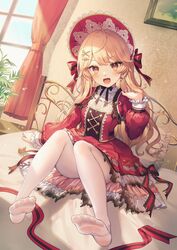  absurdres bed blonde_hair blush bonnet burnt_clothes dress earrings feet female foot_focus frilled_dress frills hair_ornament hairclip highres indie_virtual_youtuber indoors jewelry kikugetsu kira_kirari lolita_fashion long_hair long_sleeves no_shoes open_mouth pantyhose red_dress sitting smile solo virtual_youtuber white_pantyhose yellow_eyes 