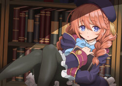  beret black_coat black_hat black_pantyhose blue_bow blue_eyes book bookshelf bow braid brown_hair coat commentary_request eyebrows female hat hugging_object indoors kumehara_chiyota long_hair looking_at_viewer open_mouth pantyhose princess_connect! school_uniform sitting skirt solo st._theresa&#039;s_girls_academy_school_uniform twin_braids twintails white_skirt yuni_(princess_connect!) 