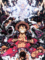  6+boys abs black_hair coat coat_on_shoulders gear_fifth gear_fourth gear_fourth:_boundman gear_fourth:_snakeman gear_second gear_third glowing haki hat highres looking_at_viewer lydart_mclo male_focus monkey_d._luffy multiple_boys multiple_persona muscular muscular_male one_piece open_clothes open_shirt own_hands_together red_eyes scar scar_on_chest scar_on_face short_hair smile spoilers straw_hat white_hair 