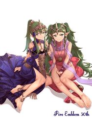  2girls absurdres amiba_(nerdamiba) anklet anniversary arm_support bare_arms bare_legs barefoot blue_dress braid breasts cleavage_cutout clothing_cutout commentary cosplay costume_switch dress english_text feet fire_emblem fire_emblem:_mystery_of_the_emblem fire_emblem:_three_houses flat_chest full_body green_hair hair_ornament highres jewelry legs long_dress long_hair looking_at_viewer multiple_girls necklace pink_dress pointy_ears ponytail ribbon_braid scarf shadow side_braid sidelocks simple_background sitting sleeveless small_breasts sothis_(fire_emblem) sothis_(fire_emblem)_(cosplay) tiara tiki_(fire_emblem) tiki_(fire_emblem)_(cosplay) tiki_(young)_(fire_emblem) tiki_(young)_(fire_emblem)_(cosplay) toes twin_braids twintails very_long_hair white_background 