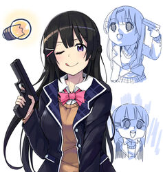  2girls :q black_jacket black_skirt blush bow bowtie braid cardigan chibi chibi_inset collared_shirt cosplay cowboy_shot cross_rock empty_eyes finger_on_trigger french_braid glock gun gun_to_head hair_ornament hairclip handgun holding holding_gun holding_weapon jacket kigurumi light_blush long_hair long_sleeves looking_at_viewer multiple_girls nazono_mito nijisanji one_eye_closed open_clothes open_jacket pink_bow pink_bowtie purple_eyes shaded_face shirt skirt smile standing tongue tongue_out tsukino_mito tsukino_mito_(1st_costume) very_long_hair virtual_youtuber weapon white_shirt wing_collar 