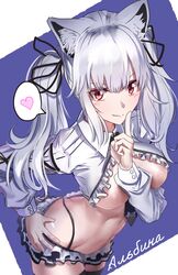  animal_ear_fluff animal_ears aruvina_(gu_luco) bad_id bad_twitter_id black_skirt black_thighhighs borrowed_character breasts cat_ears closed_mouth collared_shirt crop_top female frilled_shirt frills grey_hair hand_on_own_hip heart highleg highres index_finger_raised large_breasts leaning_forward long_hair long_sleeves looking_at_viewer midriff miniskirt nakasaku-p no_bra original red_eyes revealing_clothes shirt skirt smile solo spoken_heart stomach thighhighs thong twintails v-shaped_eyebrows white_shirt zettai_ryouiki 