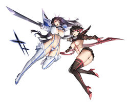  2girls absurdres ass bad_id bad_pixiv_id black_hair blue_eyes boots breasts covered_nipples epaulettes from_below full_body high_collar high_heels highres jinlin junketsu katana kill_la_kill kiryuuin_satsuki large_breasts living_clothes long_hair matoi_ryuuko microskirt midriff multicolored_hair multiple_girls navel open_mouth pleated_skirt red_eyes red_hair revealing_clothes scissor_blade_(kill_la_kill) senketsu short_hair siblings simple_background sisters skirt streaked_hair suspenders sword thick_eyebrows thigh_boots underboob weapon white_background 